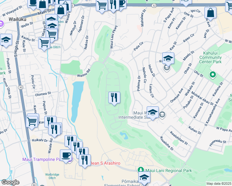 map of restaurants, bars, coffee shops, grocery stores, and more near 11 Meleana Place in Kahului