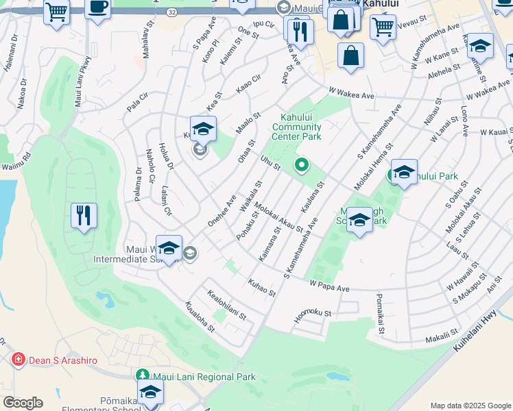 map of restaurants, bars, coffee shops, grocery stores, and more near 730 Molokai Akau Street in Kahului