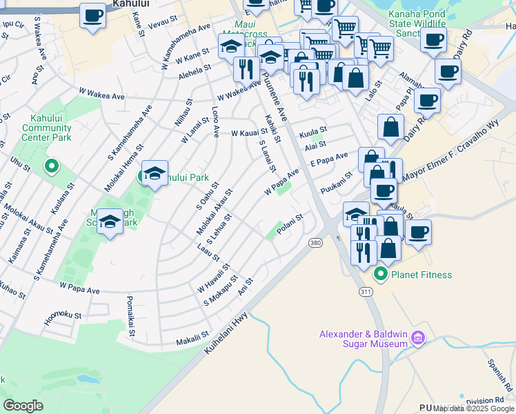 map of restaurants, bars, coffee shops, grocery stores, and more near 131 West Papa Avenue in Kahului