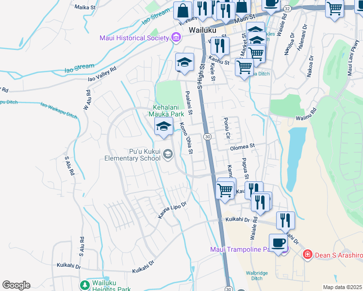 map of restaurants, bars, coffee shops, grocery stores, and more near 64 Uaha'a Place in Wailuku