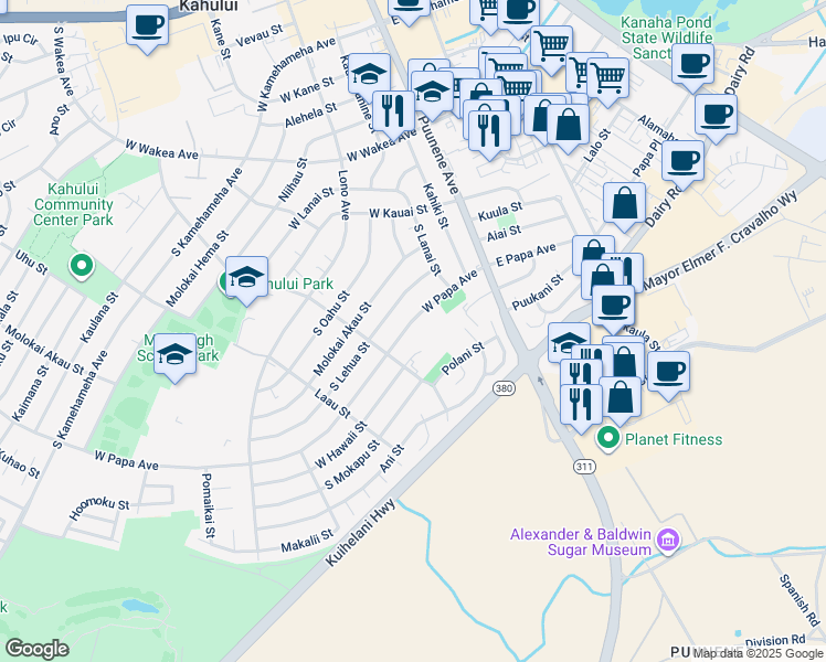 map of restaurants, bars, coffee shops, grocery stores, and more near 131 West Papa Avenue in Kahului