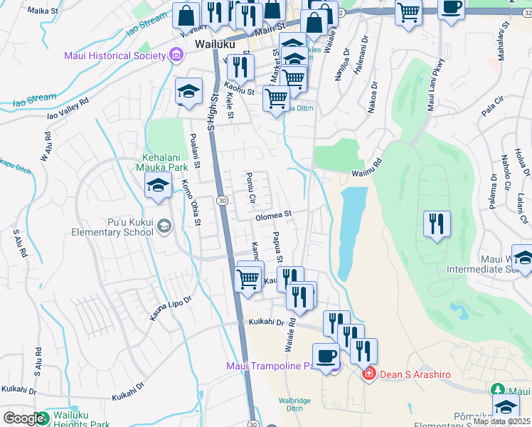 map of restaurants, bars, coffee shops, grocery stores, and more near 221 Poniu Circle in Wailuku