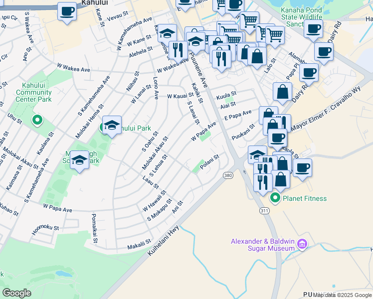 map of restaurants, bars, coffee shops, grocery stores, and more near 131 West Papa Avenue in Kahului