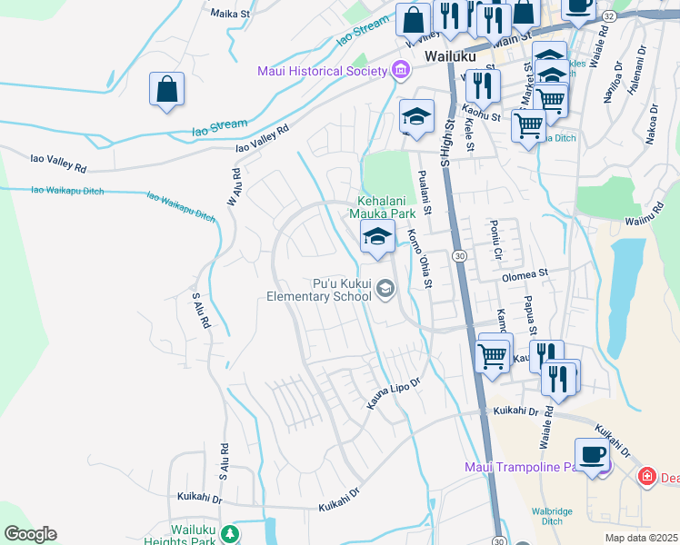 map of restaurants, bars, coffee shops, grocery stores, and more near 132 Naulu Street in Wailuku