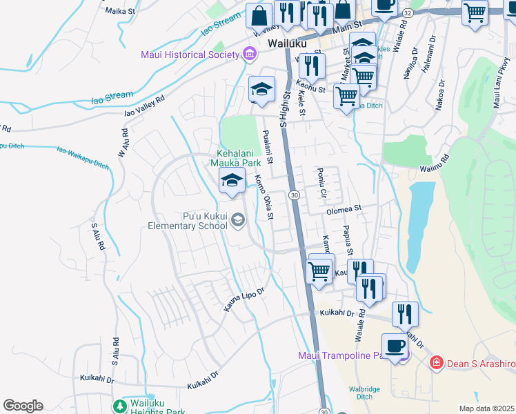 map of restaurants, bars, coffee shops, grocery stores, and more near 64 Uaha'a Place in Wailuku