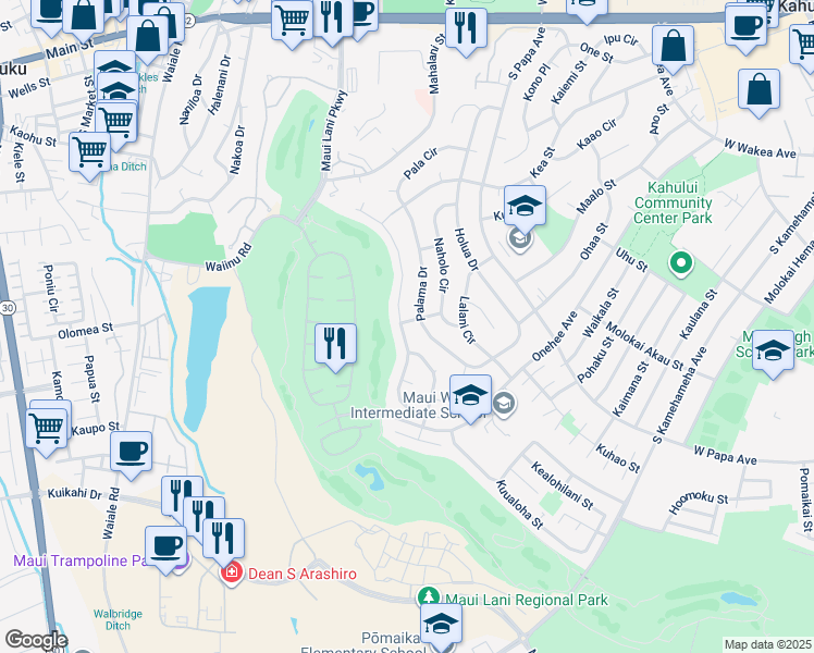 map of restaurants, bars, coffee shops, grocery stores, and more near 801 Iuka Place in Kahului