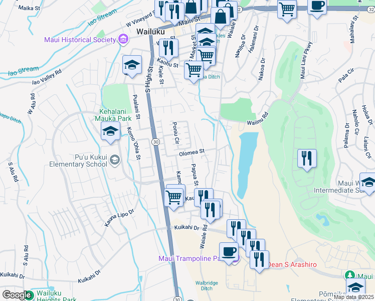 map of restaurants, bars, coffee shops, grocery stores, and more near 221 Poniu Circle in Wailuku