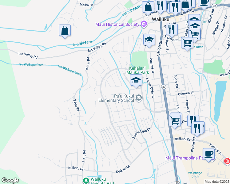 map of restaurants, bars, coffee shops, grocery stores, and more near 171 Pua Kalaunu in Wailuku