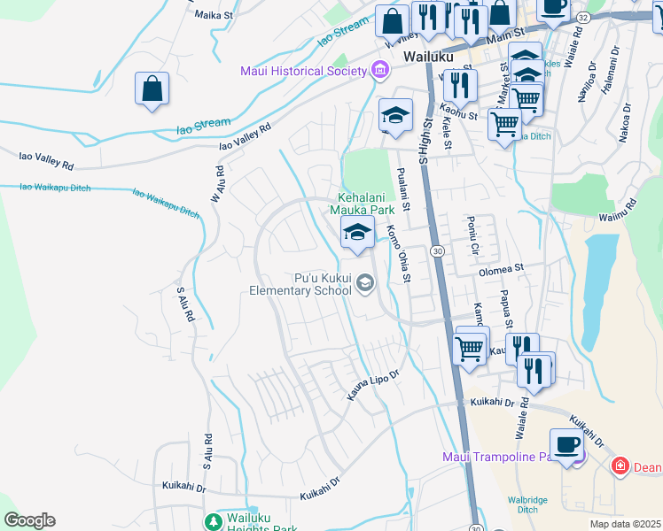 map of restaurants, bars, coffee shops, grocery stores, and more near 225 Pua Kalaunu in Wailuku