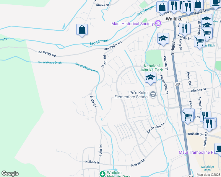 map of restaurants, bars, coffee shops, grocery stores, and more near Walea Way in Wailuku