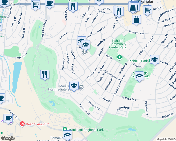 map of restaurants, bars, coffee shops, grocery stores, and more near 448 South Papa Avenue in Kahului