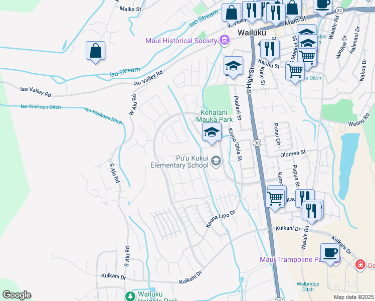 map of restaurants, bars, coffee shops, grocery stores, and more near 195 Pua Kalaunu in Wailuku