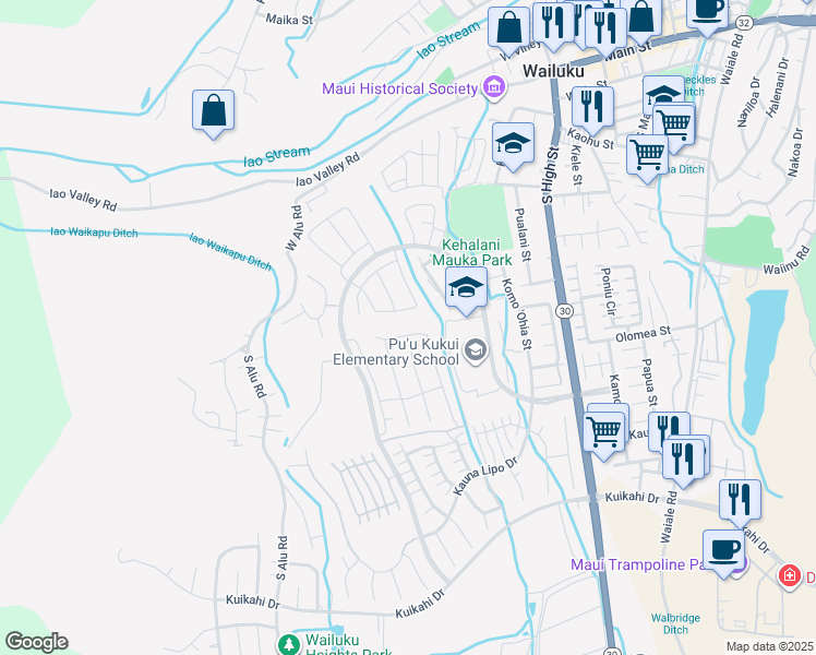 map of restaurants, bars, coffee shops, grocery stores, and more near 189 Pua Kalaunu in Wailuku