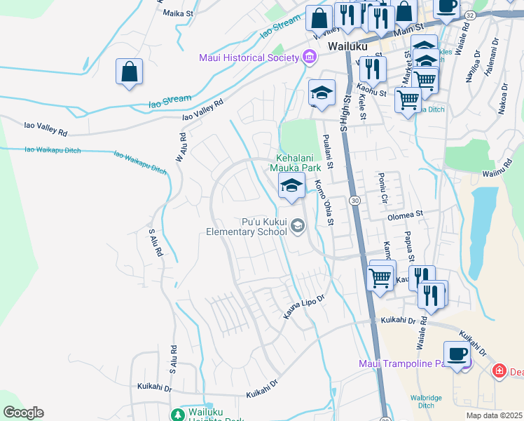 map of restaurants, bars, coffee shops, grocery stores, and more near 201 Pua Kalaunu in Wailuku