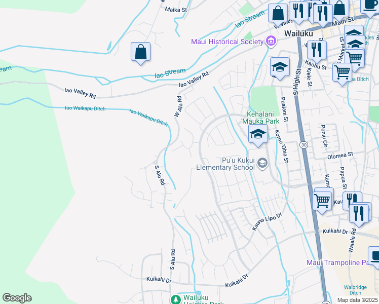 map of restaurants, bars, coffee shops, grocery stores, and more near North Laikeha Place in Wailuku