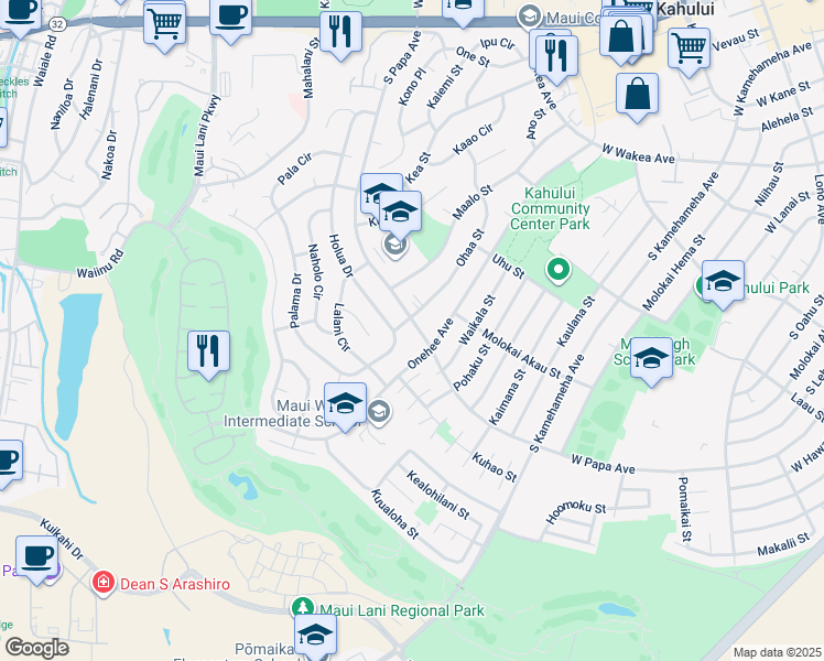 map of restaurants, bars, coffee shops, grocery stores, and more near 448 South Papa Avenue in Kahului