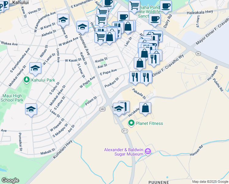 map of restaurants, bars, coffee shops, grocery stores, and more near 30 Puakala Place in Kahului