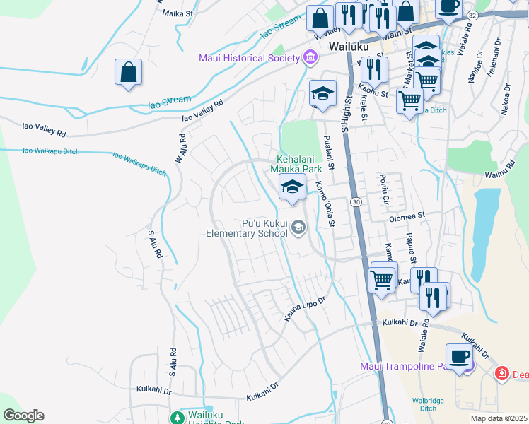 map of restaurants, bars, coffee shops, grocery stores, and more near 207 Pua Kalaunu in Wailuku
