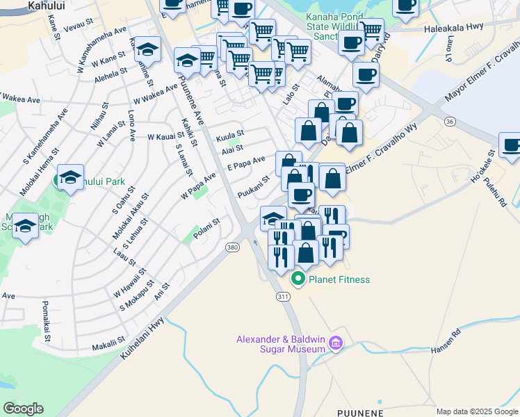 map of restaurants, bars, coffee shops, grocery stores, and more near 30 Puakala Place in Kahului