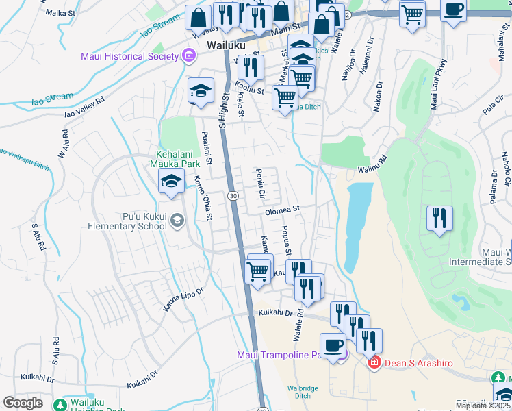 map of restaurants, bars, coffee shops, grocery stores, and more near 19 Poniu Circle in Wailuku