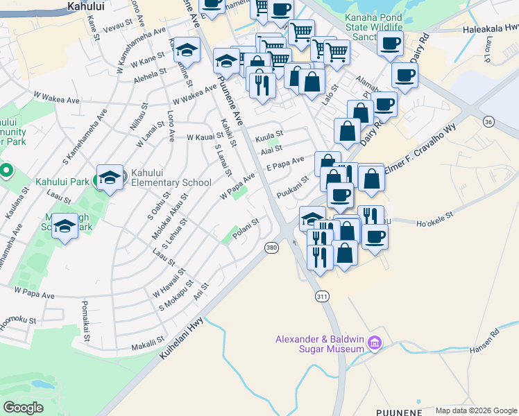 map of restaurants, bars, coffee shops, grocery stores, and more near 45 Polani Street in Kahului