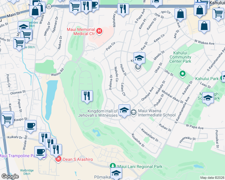 map of restaurants, bars, coffee shops, grocery stores, and more near 446A Palama Drive in Kahului