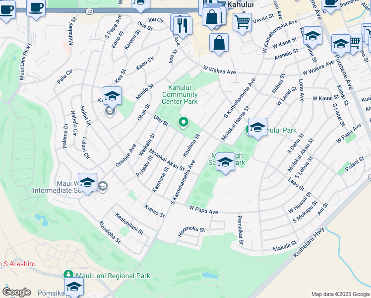 map of restaurants, bars, coffee shops, grocery stores, and more near 522 Kaulana Street in Kahului