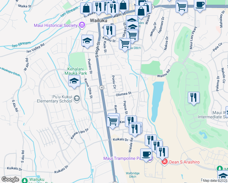 map of restaurants, bars, coffee shops, grocery stores, and more near 23 Poniu Circle in Wailuku