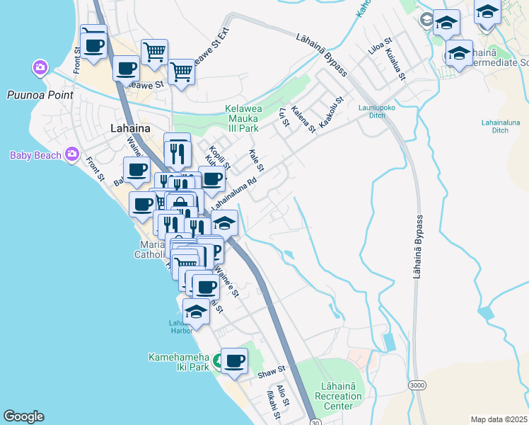 map of restaurants, bars, coffee shops, grocery stores, and more near 384 Pauwala Place in Lahaina
