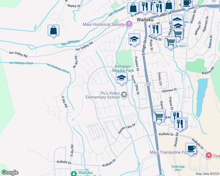 map of restaurants, bars, coffee shops, grocery stores, and more near 207 Pua Kalaunu in Wailuku