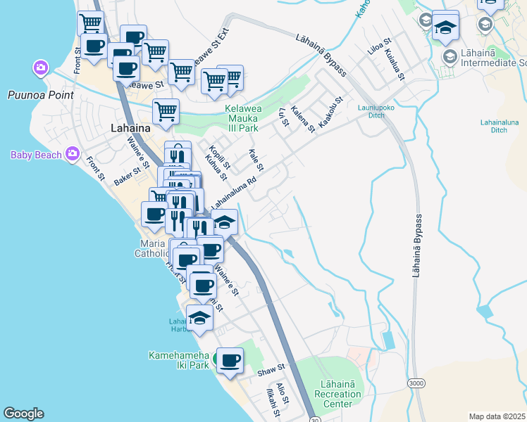 map of restaurants, bars, coffee shops, grocery stores, and more near 384 Pauwala Place in Lahaina