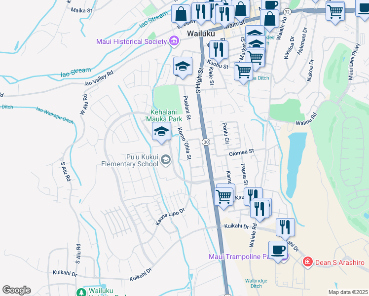 map of restaurants, bars, coffee shops, grocery stores, and more near 594 Koma 'Ohia Street in Wailuku