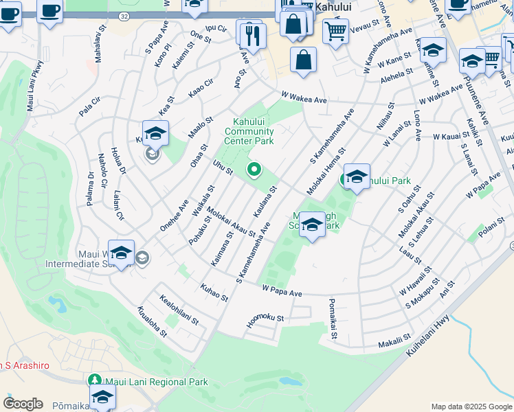 map of restaurants, bars, coffee shops, grocery stores, and more near 522 Kaulana Street in Kahului