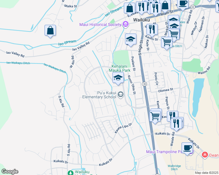 map of restaurants, bars, coffee shops, grocery stores, and more near 219 Pua Kalaunu in Wailuku