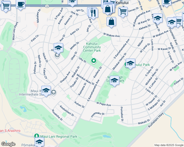 map of restaurants, bars, coffee shops, grocery stores, and more near 527 Kaimana Street in Kahului