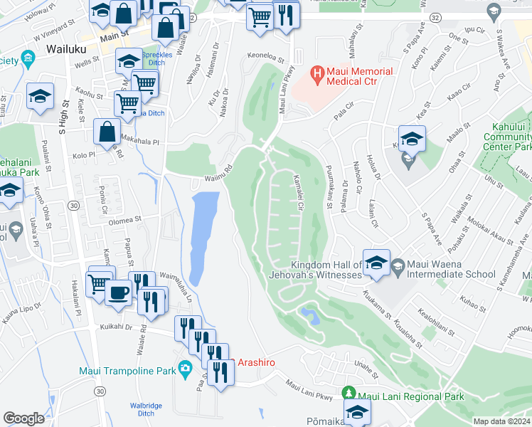 map of restaurants, bars, coffee shops, grocery stores, and more near 395 Kamalei Circle in Kahului