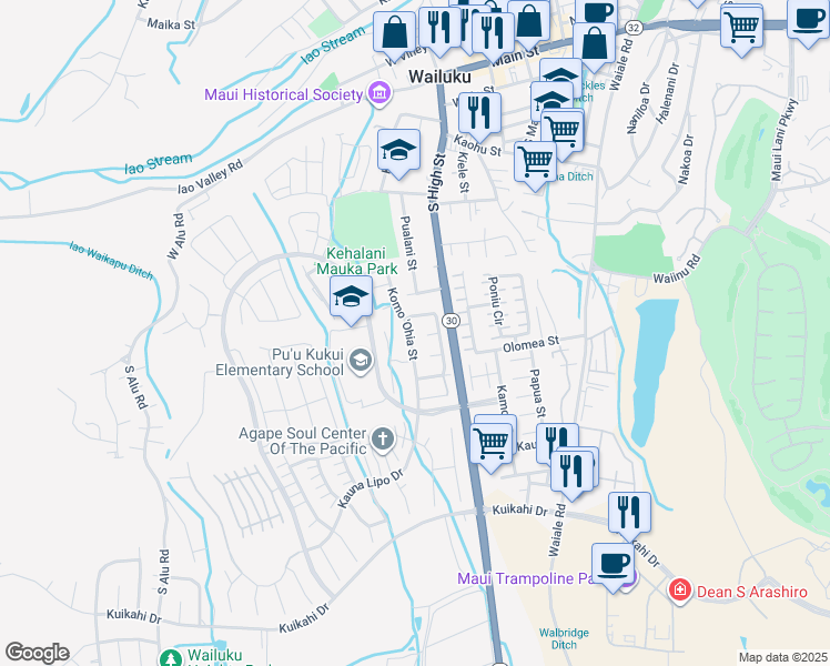 map of restaurants, bars, coffee shops, grocery stores, and more near 597 Koma 'Ohia Street in Wailuku