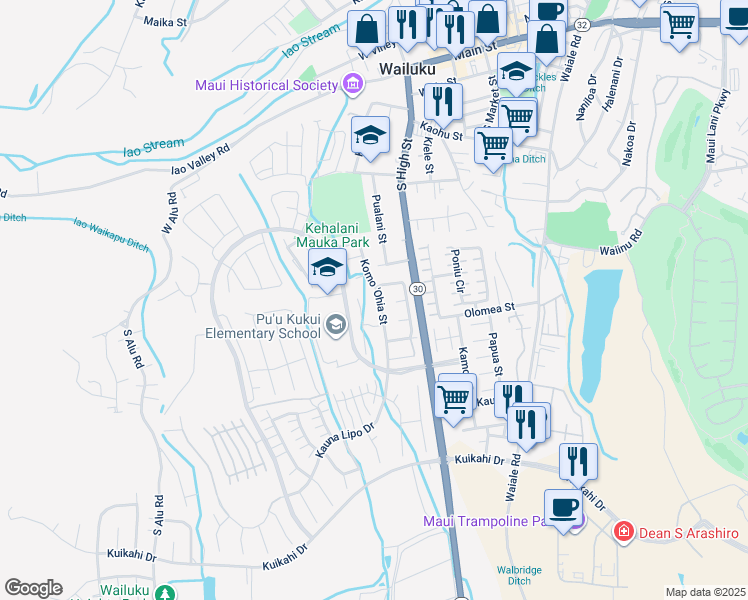 map of restaurants, bars, coffee shops, grocery stores, and more near 594 Koma 'Ohia Street in Wailuku