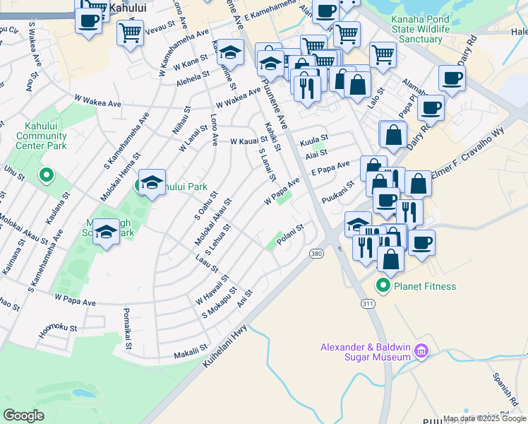 map of restaurants, bars, coffee shops, grocery stores, and more near 136 West Hawaii Street in Kahului