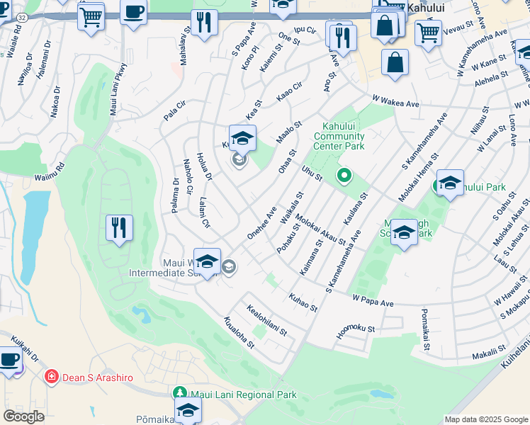 map of restaurants, bars, coffee shops, grocery stores, and more near 652 Onehee Avenue in Kahului
