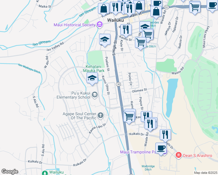 map of restaurants, bars, coffee shops, grocery stores, and more near 597 Koma 'Ohia Street in Wailuku