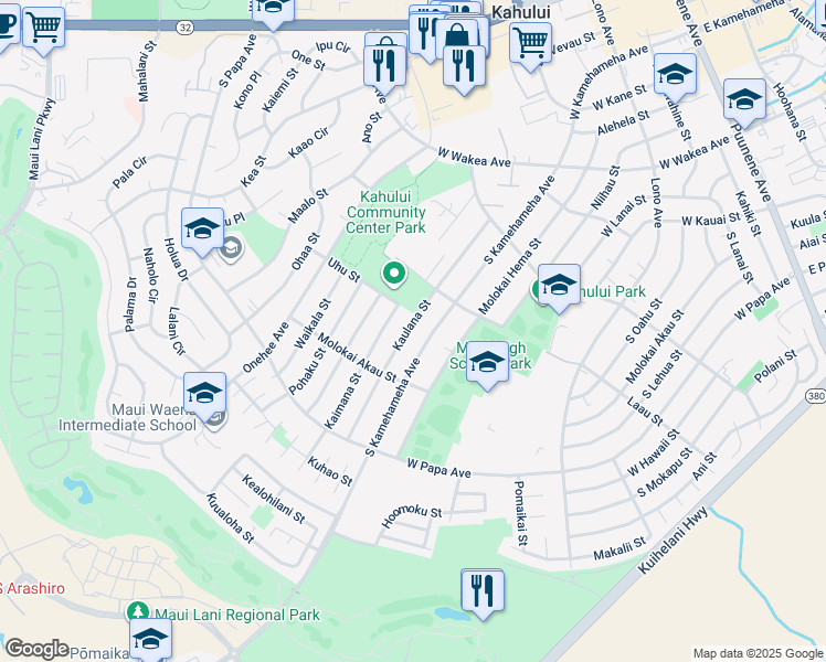 map of restaurants, bars, coffee shops, grocery stores, and more near 511 Kaulana Street in Kahului