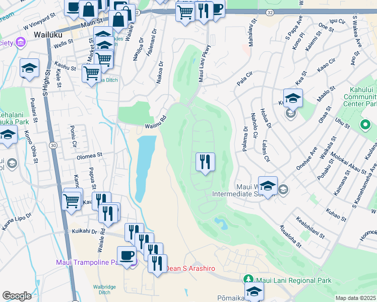 map of restaurants, bars, coffee shops, grocery stores, and more near 391 Kamalei Circle in Kahului