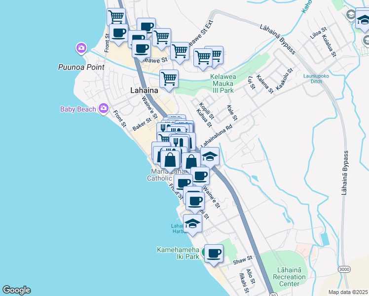 map of restaurants, bars, coffee shops, grocery stores, and more near 840 Waine'e Street in Lahaina