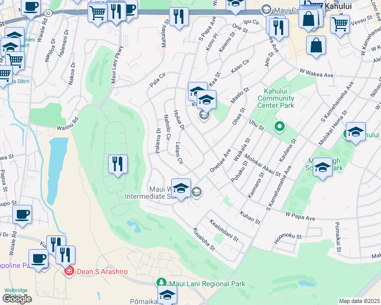 map of restaurants, bars, coffee shops, grocery stores, and more near 433 Puolo Place in Kahului