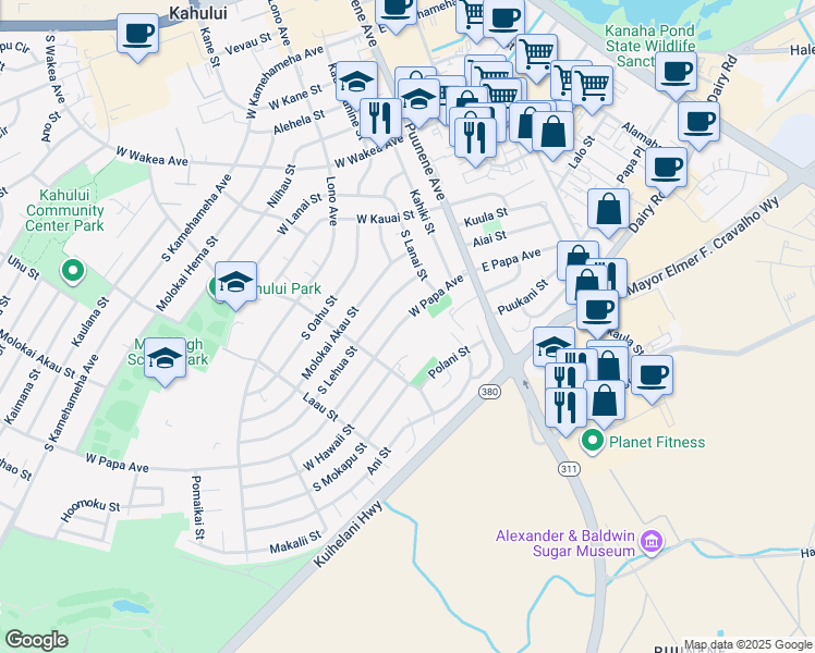 map of restaurants, bars, coffee shops, grocery stores, and more near 117 West Papa Avenue in Kahului
