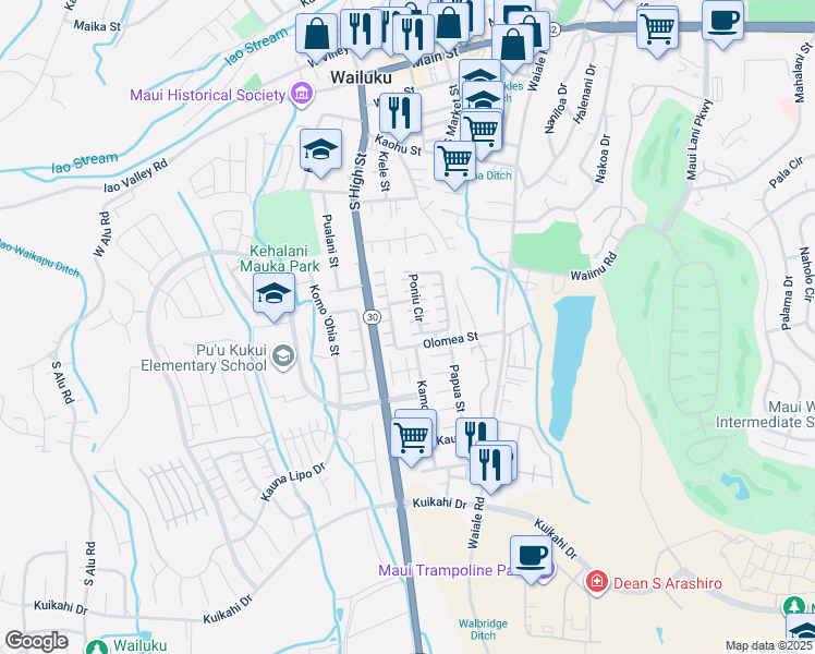 map of restaurants, bars, coffee shops, grocery stores, and more near 31 Poniu Circle in Wailuku