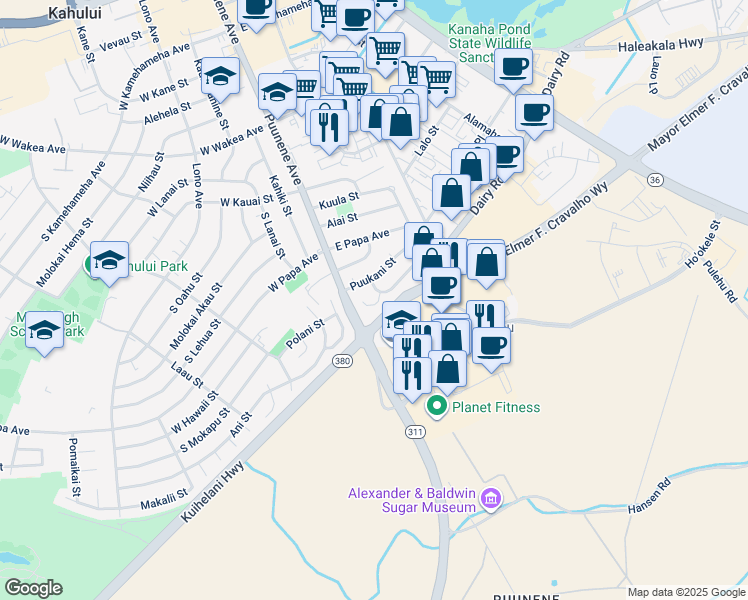 map of restaurants, bars, coffee shops, grocery stores, and more near 29 Puakala Place in Kahului