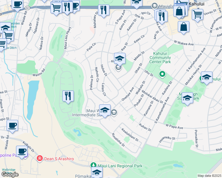 map of restaurants, bars, coffee shops, grocery stores, and more near 433 Puolo Place in Kahului