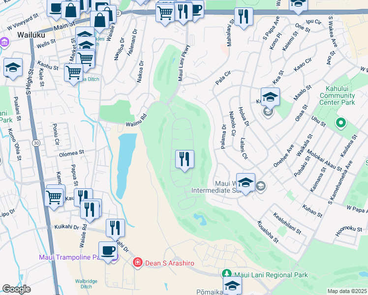 map of restaurants, bars, coffee shops, grocery stores, and more near 28 Meleana Place in Kahului